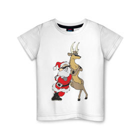 Детская футболка хлопок с принтом Крутой Мороз и Олень в Тюмени, 100% хлопок | круглый вырез горловины, полуприлегающий силуэт, длина до линии бедер | new year | дед мороз | мороз | нг | олень | санта | санта клаус