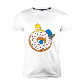 Мужская футболка премиум с принтом Гомер ест пончик в Тюмени, 92% хлопок, 8% лайкра | приталенный силуэт, круглый вырез ворота, длина до линии бедра, короткий рукав | Тематика изображения на принте: гомер