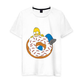 Мужская футболка хлопок с принтом Гомер ест пончик в Тюмени, 100% хлопок | прямой крой, круглый вырез горловины, длина до линии бедер, слегка спущенное плечо. | Тематика изображения на принте: гомер