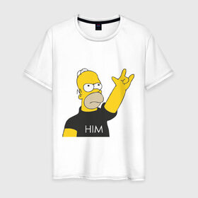 Мужская футболка хлопок с принтом Гомер rock фанат в Тюмени, 100% хлопок | прямой крой, круглый вырез горловины, длина до линии бедер, слегка спущенное плечо. | him | гомер