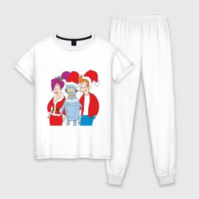 Женская пижама хлопок с принтом Футурама новый год в Тюмени, 100% хлопок | брюки и футболка прямого кроя, без карманов, на брюках мягкая резинка на поясе и по низу штанин | 
