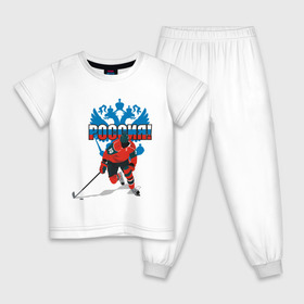 Детская пижама хлопок с принтом Россия(4) в Тюмени, 100% хлопок |  брюки и футболка прямого кроя, без карманов, на брюках мягкая резинка на поясе и по низу штанин
 | национальная лига | нхл | россия | хокей | хоккей | хоккейная лига | хоккейный клуб