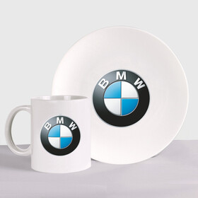 Набор: тарелка + кружка с принтом BMW в Тюмени, керамика | Кружка: объем — 330 мл, диаметр — 80 мм. Принт наносится на бока кружки, можно сделать два разных изображения. 
Тарелка: диаметр - 210 мм, диаметр для нанесения принта - 120 мм. | bmw | авто | авто2012 | автомобиль | бмв | бренд | логотип | машина
