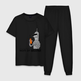 Мужская пижама хлопок с принтом Work on alcohol в Тюмени, 100% хлопок | брюки и футболка прямого кроя, без карманов, на брюках мягкая резинка на поясе и по низу штанин
 | Тематика изображения на принте: бендер | футурама