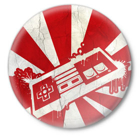 Значок с принтом Японский флаг с джойстиком в Тюмени,  металл | круглая форма, металлическая застежка в виде булавки | Тематика изображения на принте: japan | joystick | джойстик | страна восходящего солнца | флаг | япония | японский флаг