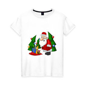 Женская футболка хлопок с принтом новогодняя с дед морозом в Тюмени, 100% хлопок | прямой крой, круглый вырез горловины, длина до линии бедер, слегка спущенное плечо | 2012 | new year | год дракона | нг | новогодний | новый 2012 | новый год