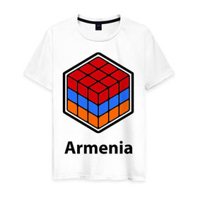 Мужская футболка хлопок с принтом Кубик – Армения в Тюмени, 100% хлопок | прямой крой, круглый вырез горловины, длина до линии бедер, слегка спущенное плечо. | армения | армяне | армянин | ереван | кубик | кубик рубик | флаг | флаг армении в магическом кубике.armenia