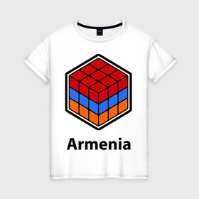 Женская футболка хлопок с принтом Кубик – Армения в Тюмени, 100% хлопок | прямой крой, круглый вырез горловины, длина до линии бедер, слегка спущенное плечо | армения | армяне | армянин | ереван | кубик | кубик рубик | флаг | флаг армении в магическом кубике.armenia