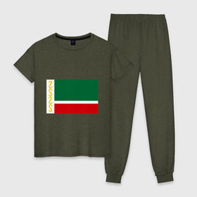 Женская пижама хлопок с принтом Чечня 95 регион в Тюмени, 100% хлопок | брюки и футболка прямого кроя, без карманов, на брюках мягкая резинка на поясе и по низу штанин | 95 | кавказ | регион | флаг | чеченец | чеченский | чеченцы | чечня | чичня
