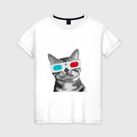 Женская футболка хлопок с принтом Кот в стереоочках в Тюмени, 100% хлопок | прямой крой, круглый вырез горловины, длина до линии бедер, слегка спущенное плечо | Тематика изображения на принте: анаглифы | кот | коты | кошки | стерео очки