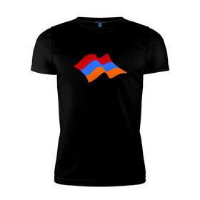 Мужская футболка премиум с принтом Армения (человек с флагом) в Тюмени, 92% хлопок, 8% лайкра | приталенный силуэт, круглый вырез ворота, длина до линии бедра, короткий рукав | Тематика изображения на принте: armenia | армении | армения | армяне | армянин | армянка | ереван | флаг