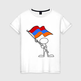 Женская футболка хлопок с принтом Армения (человек с флагом) в Тюмени, 100% хлопок | прямой крой, круглый вырез горловины, длина до линии бедер, слегка спущенное плечо | armenia | армении | армения | армяне | армянин | армянка | ереван | флаг