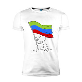 Мужская футболка премиум с принтом Дагестан (человек с флагом) в Тюмени, 92% хлопок, 8% лайкра | приталенный силуэт, круглый вырез ворота, длина до линии бедра, короткий рукав | 05 регион | даг | дагестан | даги | кавказ | кавказский | кавказцы | флаг