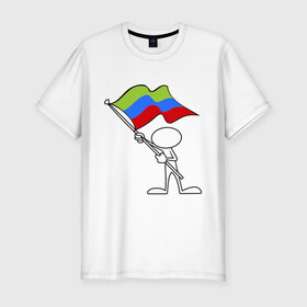 Мужская футболка премиум с принтом Waving flag - Dagestan в Тюмени, 92% хлопок, 8% лайкра | приталенный силуэт, круглый вырез ворота, длина до линии бедра, короткий рукав | 05 регион | даг | дагестан | даги | кавказ | кавказский | флаг