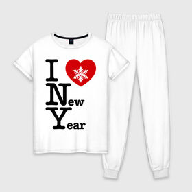 Женская пижама хлопок с принтом I love New Year в Тюмени, 100% хлопок | брюки и футболка прямого кроя, без карманов, на брюках мягкая резинка на поясе и по низу штанин | 2012 | new year | год дракона | нг | новогодний | новый 2012 | новый год | снежинка