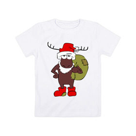 Детская футболка хлопок с принтом Новогодний олень в Тюмени, 100% хлопок | круглый вырез горловины, полуприлегающий силуэт, длина до линии бедер | дед мороз | мороз | нг | олень | олень санта клаусновый new year | санта | санта клаус