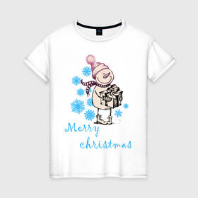Женская футболка хлопок с принтом NewYear (2) в Тюмени, 100% хлопок | прямой крой, круглый вырез горловины, длина до линии бедер, слегка спущенное плечо | 2012 | new year | год дракона | нг | новогодний | новый 2012 | новый год | подарок | снеговик | снеговичок | снежинки