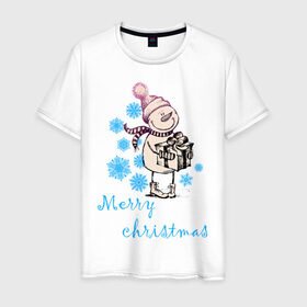 Мужская футболка хлопок с принтом NewYear (2) в Тюмени, 100% хлопок | прямой крой, круглый вырез горловины, длина до линии бедер, слегка спущенное плечо. | Тематика изображения на принте: 2012 | new year | год дракона | нг | новогодний | новый 2012 | новый год | подарок | снеговик | снеговичок | снежинки