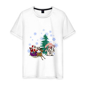Мужская футболка хлопок с принтом NewYear в Тюмени, 100% хлопок | прямой крой, круглый вырез горловины, длина до линии бедер, слегка спущенное плечо. | 2012 | new year | год дракона | дед мороз | елка | нг | новогодний | новый 2012 | новый год | олень | сани | санта | санта клаус | снеговик