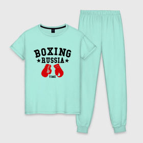 Женская пижама хлопок с принтом Boxing Russia time в Тюмени, 100% хлопок | брюки и футболка прямого кроя, без карманов, на брюках мягкая резинка на поясе и по низу штанин | boxing | boxing russia time | kickboxing | mix fight | бокс | боксер | кик бокс | кикбокс