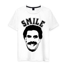 Мужская футболка хлопок с принтом Борат-smile в Тюмени, 100% хлопок | прямой крой, круглый вырез горловины, длина до линии бедер, слегка спущенное плечо. | borat smileкавказ | борат | борат smile | кавказцы