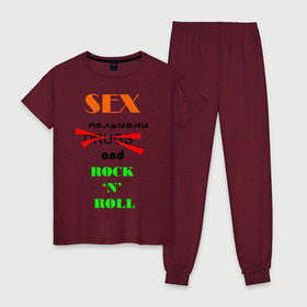 Женская пижама хлопок с принтом Sex, пельмени and rocknroll в Тюмени, 100% хлопок | брюки и футболка прямого кроя, без карманов, на брюках мягкая резинка на поясе и по низу штанин | хиппи