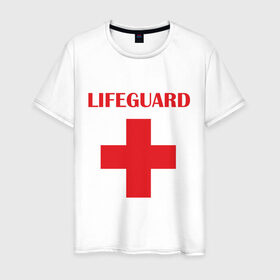 Мужская футболка хлопок с принтом Спасатель в Тюмени, 100% хлопок | прямой крой, круглый вырез горловины, длина до линии бедер, слегка спущенное плечо. | lifeguard | врачь | доктор | красный крест | медик | медицина | спасатель