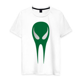 Мужская футболка хлопок с принтом Зеленый череп в Тюмени, 100% хлопок | прямой крой, круглый вырез горловины, длина до линии бедер, слегка спущенное плечо. | Тематика изображения на принте: гуманоид | зеленый череп | инопланетянин | нло | пришелец | череп