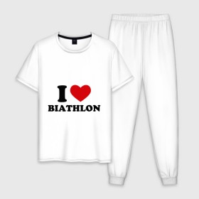 Мужская пижама хлопок с принтом Я люблю Биатлон — I love Biathlon в Тюмени, 100% хлопок | брюки и футболка прямого кроя, без карманов, на брюках мягкая резинка на поясе и по низу штанин
 | биатлон | биатлонисты | я люблю