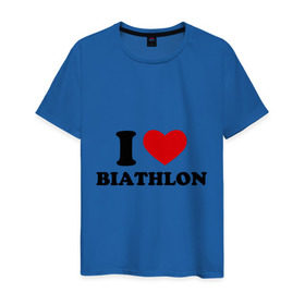 Мужская футболка хлопок с принтом Я люблю Биатлон — I love Biathlon в Тюмени, 100% хлопок | прямой крой, круглый вырез горловины, длина до линии бедер, слегка спущенное плечо. | Тематика изображения на принте: биатлон | биатлонисты | я люблю