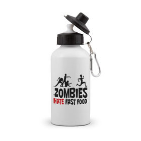 Бутылка спортивная с принтом Zombies hate fast food в Тюмени, металл | емкость — 500 мл, в комплекте две пластиковые крышки и карабин для крепления | Тематика изображения на принте: зомби