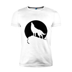 Мужская футболка премиум с принтом Волк на фоне Луны в Тюмени, 92% хлопок, 8% лайкра | приталенный силуэт, круглый вырез ворота, длина до линии бедра, короткий рукав | Тематика изображения на принте: волк | животные | луна | утес | хищник