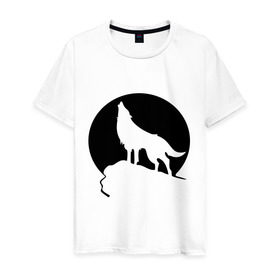 Мужская футболка хлопок с принтом Волк на фоне Луны в Тюмени, 100% хлопок | прямой крой, круглый вырез горловины, длина до линии бедер, слегка спущенное плечо. | волк | животные | луна | утес | хищник