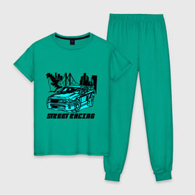 Женская пижама хлопок с принтом Street racing American car в Тюмени, 100% хлопок | брюки и футболка прямого кроя, без карманов, на брюках мягкая резинка на поясе и по низу штанин | 