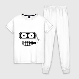 Женская пижама хлопок с принтом Bender в Тюмени, 100% хлопок | брюки и футболка прямого кроя, без карманов, на брюках мягкая резинка на поясе и по низу штанин | bender | benderмультик | futurama | бендер | мультфильм | футурама