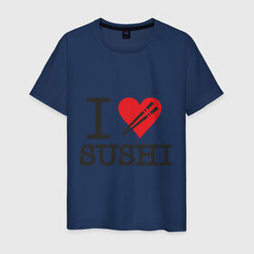 Мужская футболка хлопок с принтом I love sushi в Тюмени, 100% хлопок | прямой крой, круглый вырез горловины, длина до линии бедер, слегка спущенное плечо. | Тематика изображения на принте: i love | sushi | блюдо | еда | кухня | люблю суши | роллы | ролы | япония | японская кухня