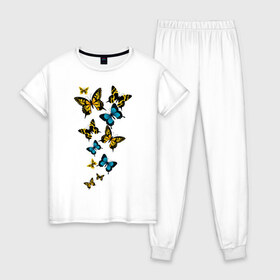 Женская пижама хлопок с принтом Полет бабочки в Тюмени, 100% хлопок | брюки и футболка прямого кроя, без карманов, на брюках мягкая резинка на поясе и по низу штанин | бабочки | животные | насекомые | полет бабочки