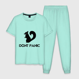 Мужская пижама хлопок с принтом Don`t panic в Тюмени, 100% хлопок | брюки и футболка прямого кроя, без карманов, на брюках мягкая резинка на поясе и по низу штанин
 | Тематика изображения на принте: dont panic | без паники | белка | противогаз