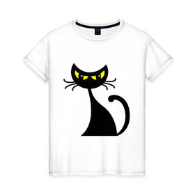 Женская футболка хлопок с принтом Хитрая кошка в Тюмени, 100% хлопок | прямой крой, круглый вырез горловины, длина до линии бедер, слегка спущенное плечо | взгляд | глаза | кошка | хитрая кошка | черная кошка