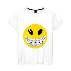Женская футболка хлопок с принтом Смайл с брекетами в Тюмени, 100% хлопок | прямой крой, круглый вырез горловины, длина до линии бедер, слегка спущенное плечо | smile | брекеты | зубы | смайл | смайлик | улыбка