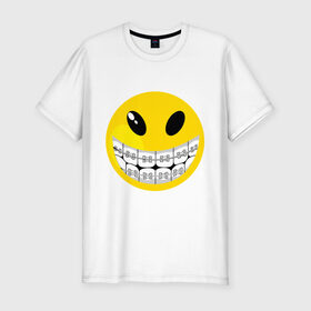 Мужская футболка премиум с принтом Смайл с брекетами в Тюмени, 92% хлопок, 8% лайкра | приталенный силуэт, круглый вырез ворота, длина до линии бедра, короткий рукав | smile | брекеты | зубы | смайл | смайлик | улыбка