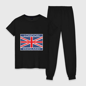 Женская пижама хлопок с принтом London - Лондон с флагом Англии в Тюмени, 100% хлопок | брюки и футболка прямого кроя, без карманов, на брюках мягкая резинка на поясе и по низу штанин | Тематика изображения на принте: лондон