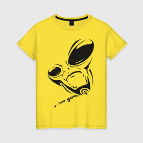Женская футболка хлопок с принтом Alien I see you в Тюмени, 100% хлопок | прямой крой, круглый вырез горловины, длина до линии бедер, слегка спущенное плечо | Тематика изображения на принте: alien | i see you | гуманоиды | инопланетянин | летающая тарелка | нло | пришельцы | я тебя вижу