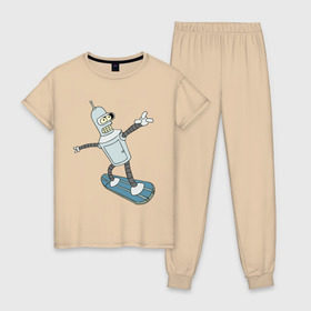Женская пижама хлопок с принтом Бендер - бордер в Тюмени, 100% хлопок | брюки и футболка прямого кроя, без карманов, на брюках мягкая резинка на поясе и по низу штанин | bender | futurama | бендер | футурама
