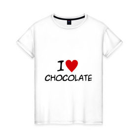 Женская футболка хлопок с принтом Chocolate в Тюмени, 100% хлопок | прямой крой, круглый вырез горловины, длина до линии бедер, слегка спущенное плечо | chocolate | i love | вкуснятина | конфеты | люблю шоколад | сладкое | сладкоежка | сладости | шоколад | шоколадный