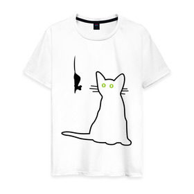 Мужская футболка хлопок с принтом Кот и мышка в Тюмени, 100% хлопок | прямой крой, круглый вырез горловины, длина до линии бедер, слегка спущенное плечо. | киса | кот | котенок | котик | котэ | кошак | кошка | мышка | мышонок | мышь