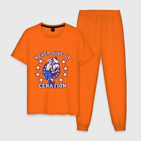 Мужская пижама хлопок с принтом WWE John Cena Never Give Up в Тюмени, 100% хлопок | брюки и футболка прямого кроя, без карманов, на брюках мягкая резинка на поясе и по низу штанин
 | Тематика изображения на принте: wwe | бои без правил | джон сина