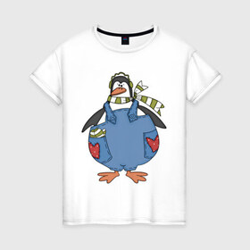 Женская футболка хлопок с принтом Летний пингвин в Тюмени, 100% хлопок | прямой крой, круглый вырез горловины, длина до линии бедер, слегка спущенное плечо | 