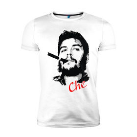 Мужская футболка премиум с принтом Че Гевара с сигарой в Тюмени, 92% хлопок, 8% лайкра | приталенный силуэт, круглый вырез ворота, длина до линии бедра, короткий рукав | che | guevara | гевара | куба | личность | революция | че