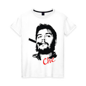 Женская футболка хлопок с принтом Че Гевара с сигарой в Тюмени, 100% хлопок | прямой крой, круглый вырез горловины, длина до линии бедер, слегка спущенное плечо | Тематика изображения на принте: che | guevara | гевара | куба | личность | революция | че